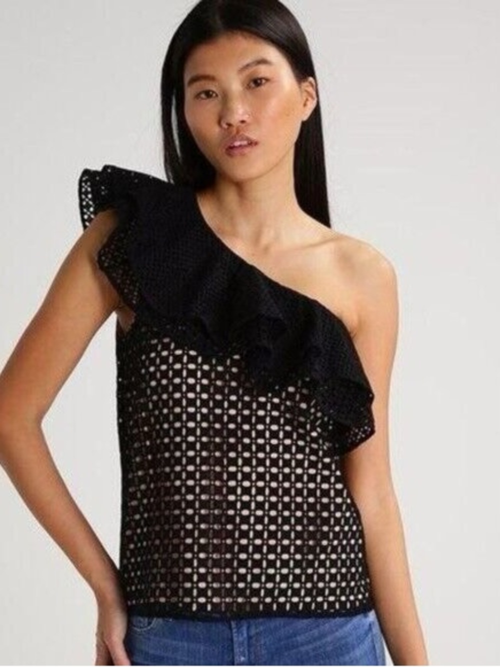 J Crew Black Cotton Eyelet Lace One Shoulder Top